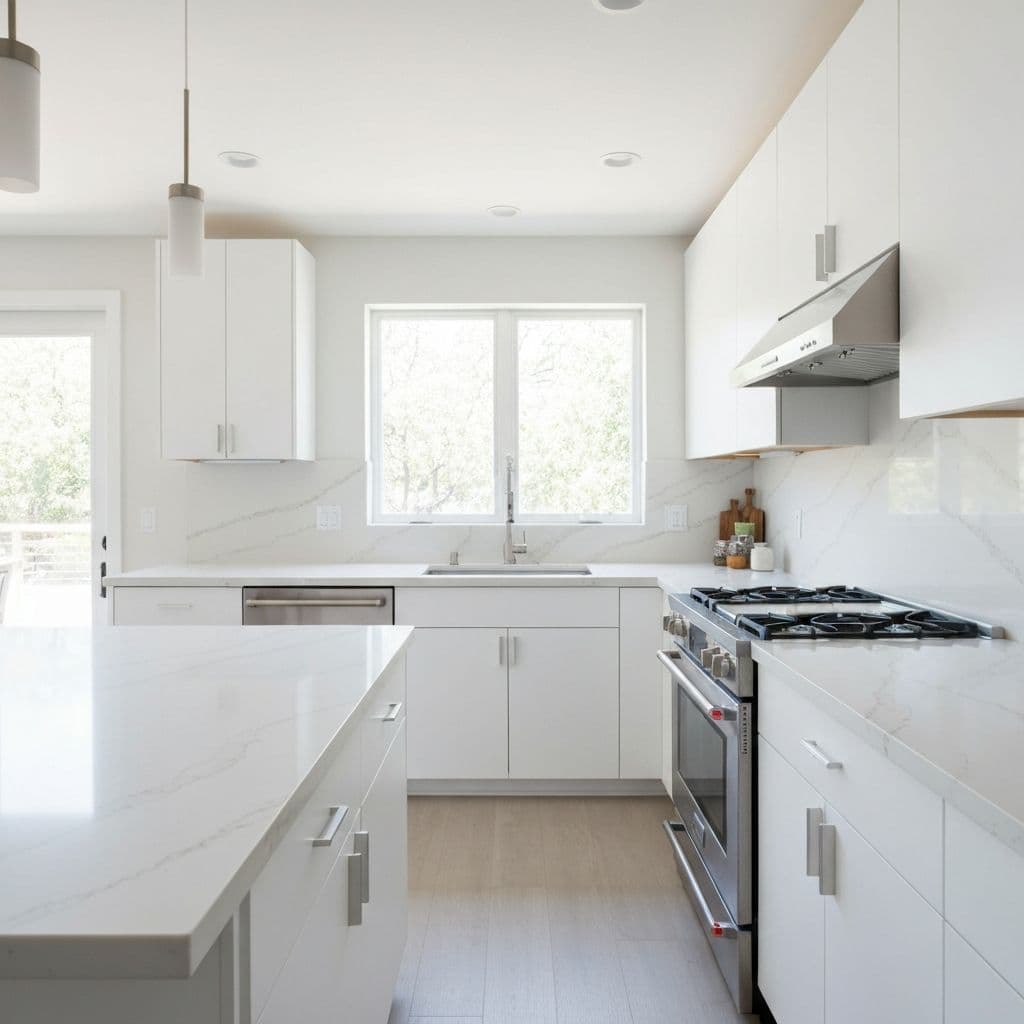 Bright kitchen with white natural stone countertops and large island